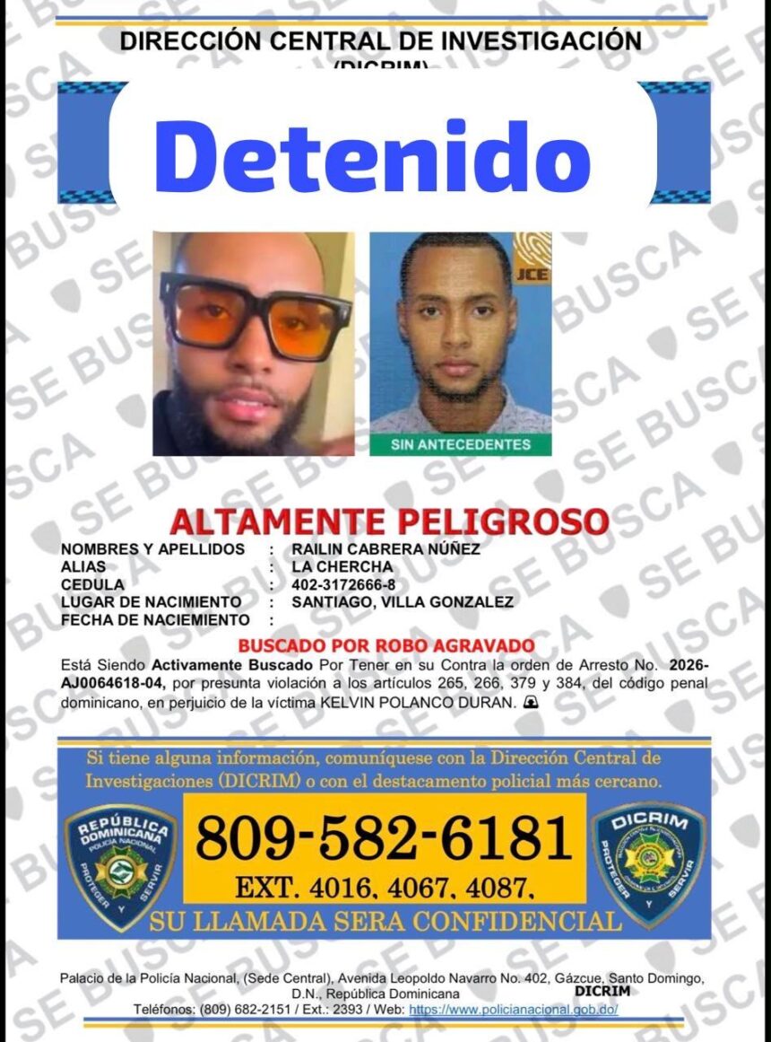 DICRIM captura en Santiago a hombre buscado por robo de caja fuerte con armas y dinero