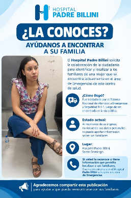 Hospital Padre Billini solicita ayuda para localizar familiares de mujer encontrada en la vía pública