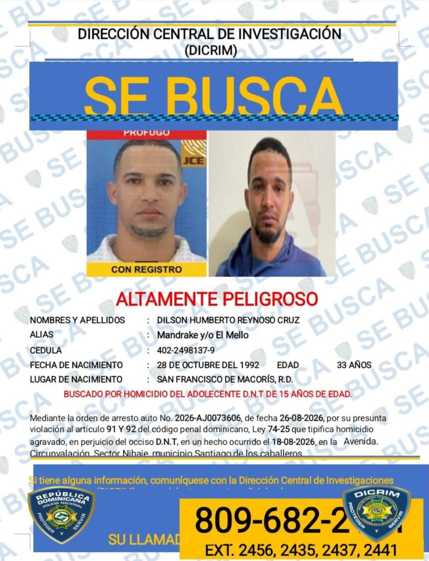 Policía Nacional busca a “Mandrake” y/o “El Mello”, presunto autor del homicidio de un adolescente en Pekín, Santiago