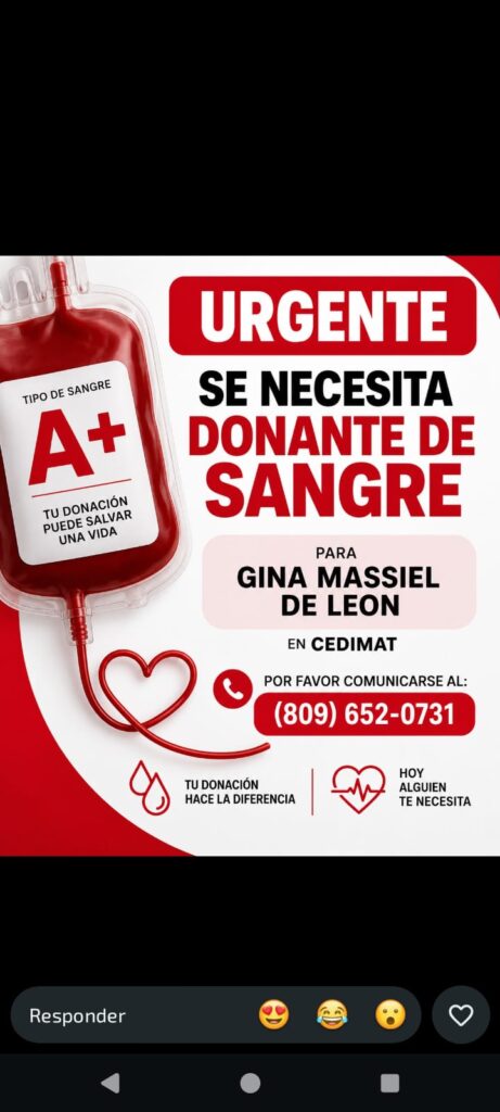 Familiares piden ayuda urgente: Gina Massiel necesita donantes de sangre A+