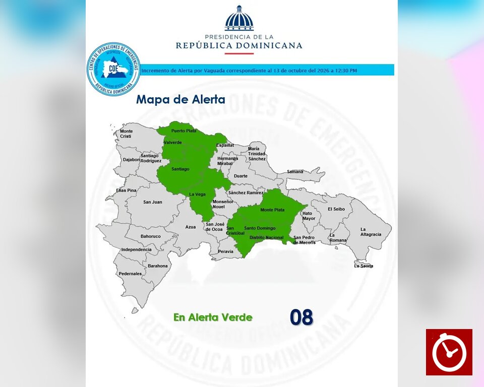 COE coloca ocho provincias y el Distrito Nacional en alerta verde por vaguada