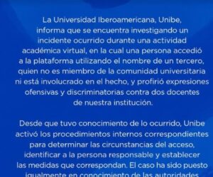 UNIBE investiga incidente en plataforma virtual y denuncia expresiones ofensivas contra dos docentes