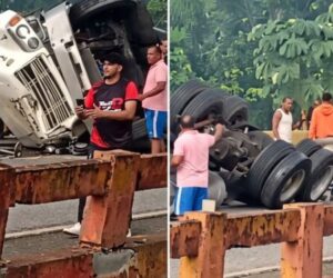 Dos personas resultan heridas tras vuelco de camión en el puente sobre el río Maimón