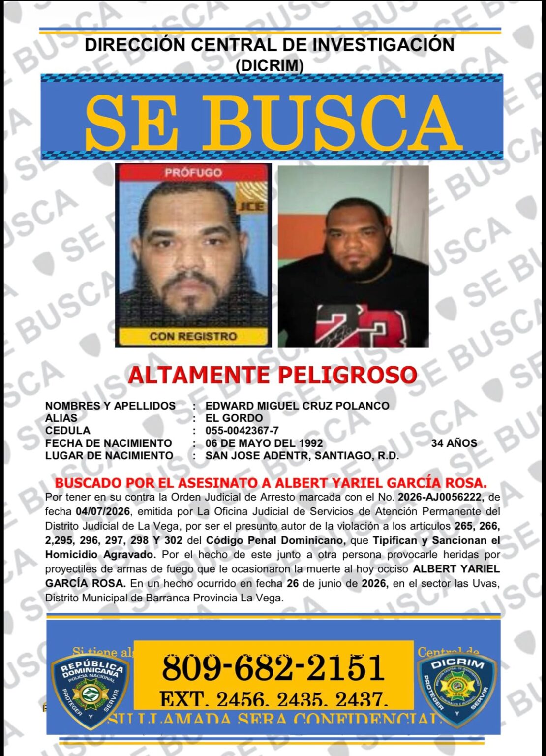 DICRIM busca a “El Gordo” por presunto asesinato de un hombre en La Vega