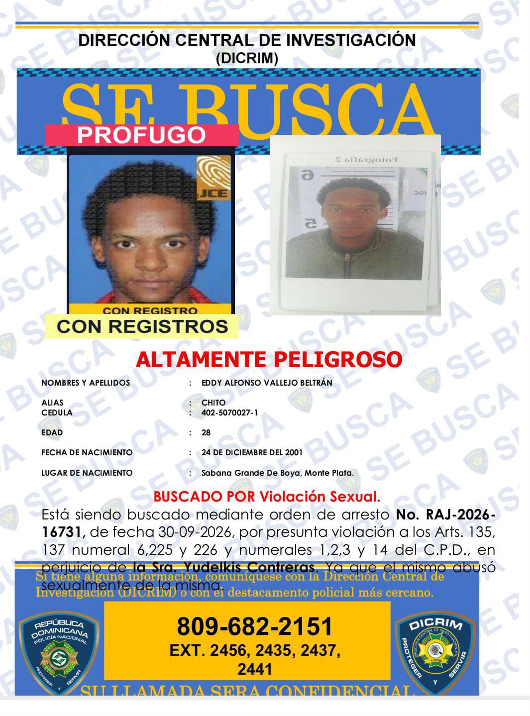DICRIM busca a “Chito” por presunta agresión sexual contra una mujer en Sabana Grande de Boyá