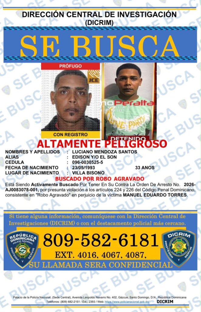 Policía busca a “El Son”, “El Chino” y “Tiyo” por robo agravado en Santiago