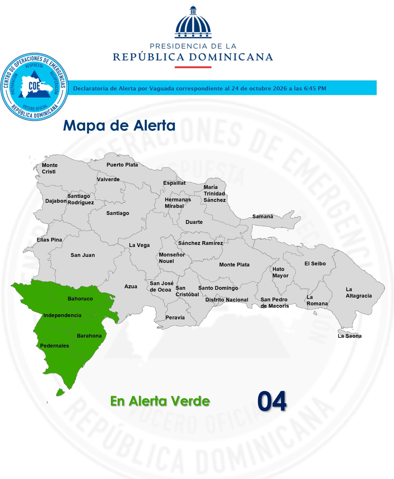 COE coloca cuatro provincias en alerta verde por posibles inundaciones