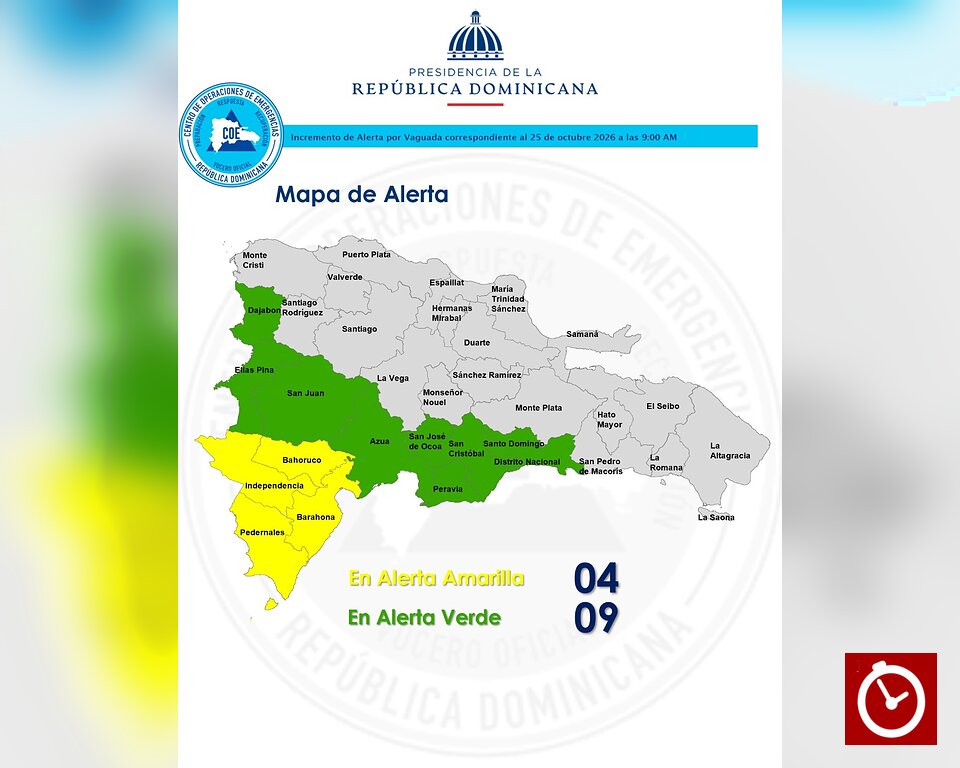COE coloca cuatro provincias en alerta amarilla y mantiene nueve en verde por lluvias