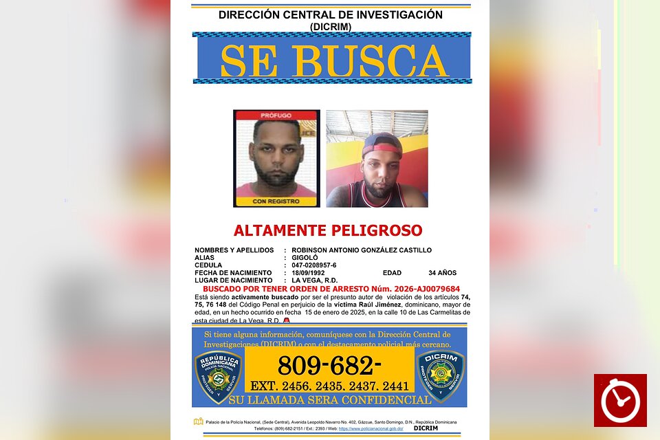 DICRIM publica aviso de búsqueda contra Robinson Antonio González Castillo, alias Gigoló, en La Vega