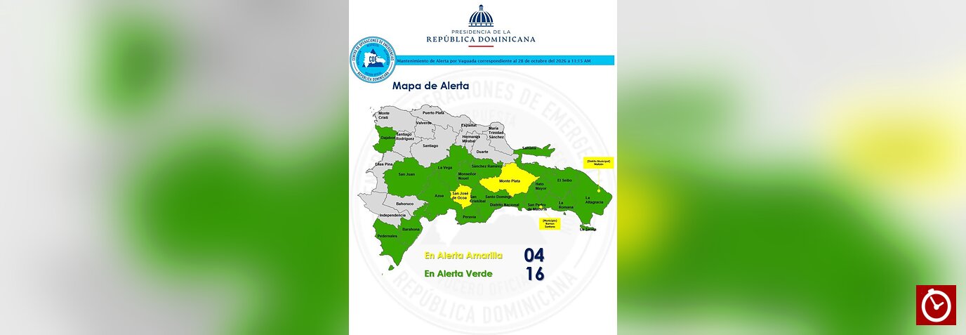 El Centro de Operaciones de Emergencias (COE) mantiene cuatro demarcaciones en alerta amarilla y 16 en verde por los efectos de una vaguada