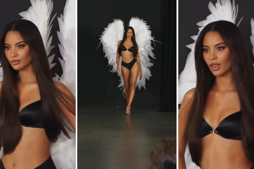 Andreina Martínez en Victoria’s Secret durante el certamen Angels Among Us, luciendo sus alas en la pasarela.